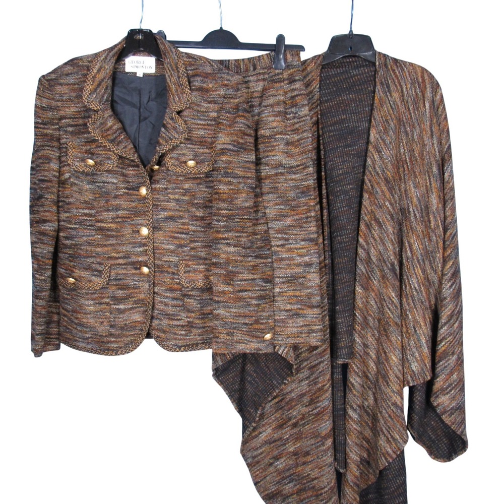 VTG GEORGE SIMONTON 3-Pc Brown/Multi TWEED Suit JACKET/SKIRT/WRAP Outfit Set 10